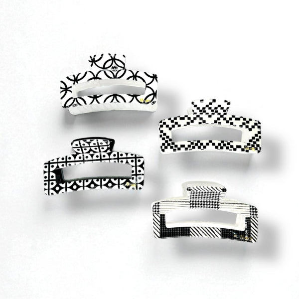 Black & White Pattern Rectangle Hair Claw Clips (Set of 4)