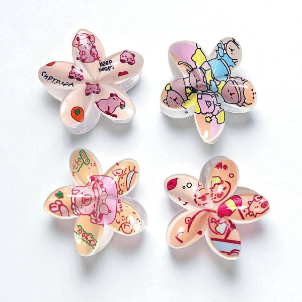 Cartoon Print Flower Hair Claw - Set of 4