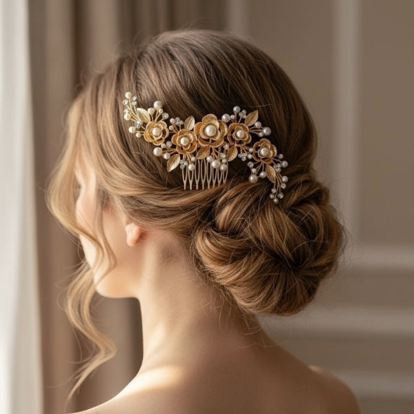 Vintage Gold Floral Pearl Bridal Hair Comb