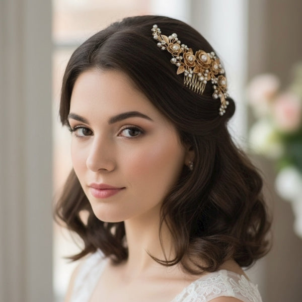Vintage Gold Floral Pearl Bridal Hair Comb