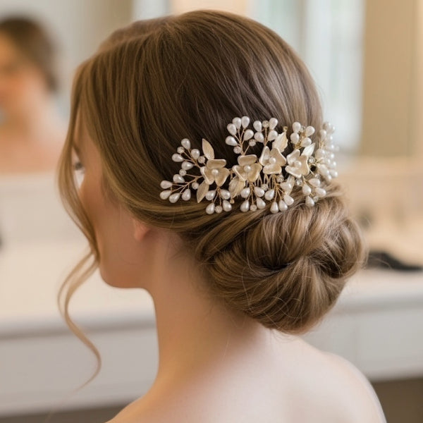 Luxe Pearl & Floral Bridal Hair Comb – Gold Finish
