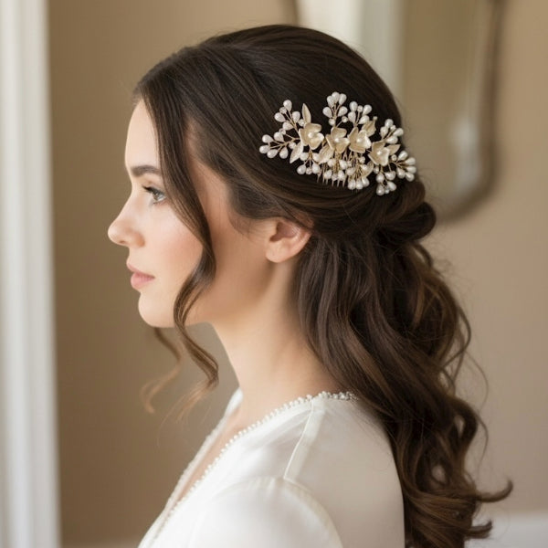 Luxe Pearl & Floral Bridal Hair Comb – Gold Finish