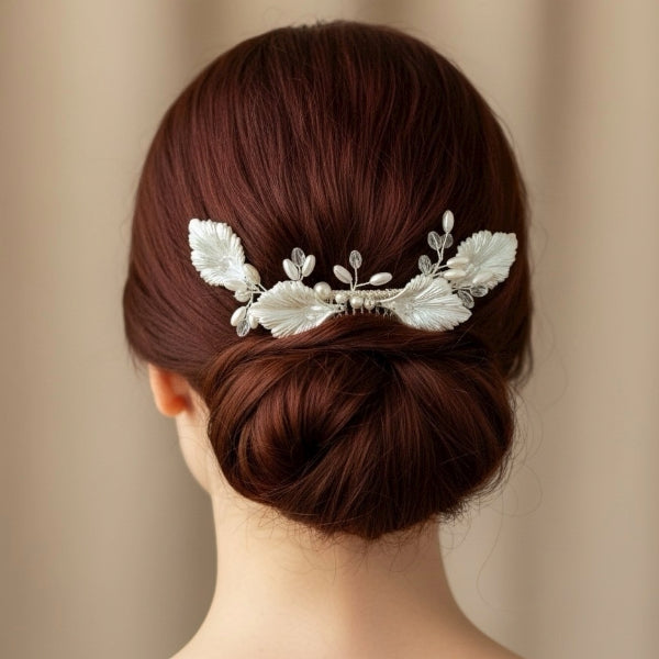 Delicate Silver Leaf & Pearl Hair Comb
