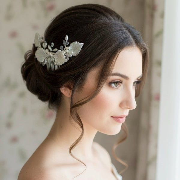Delicate Silver Leaf & Pearl Hair Comb